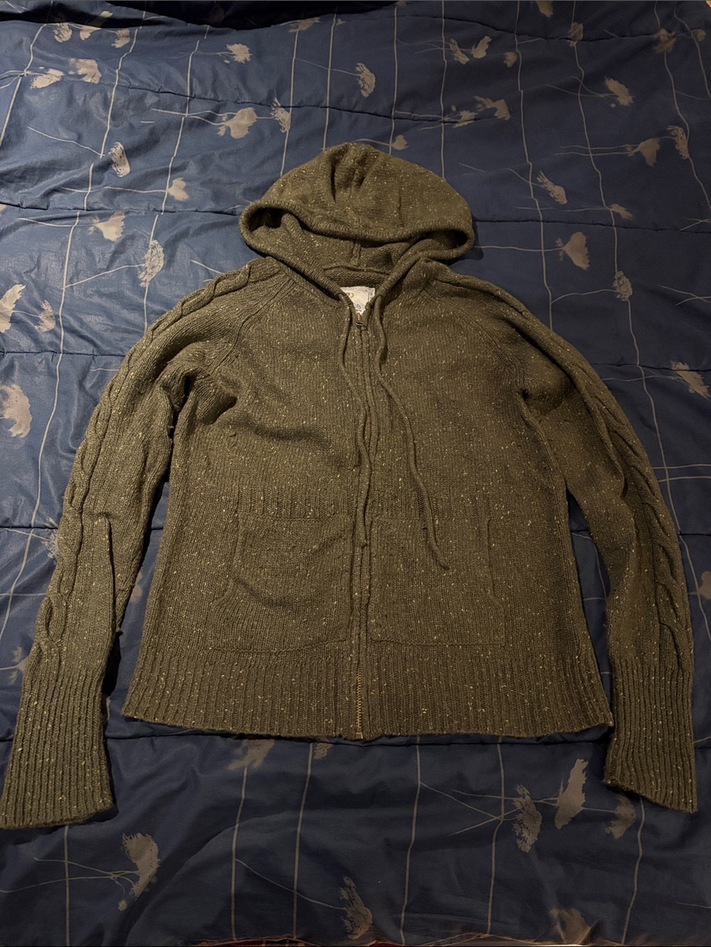 Jacob Connexion Olive Green Speckled Hooded Zip Wool Knit Sweater - size L